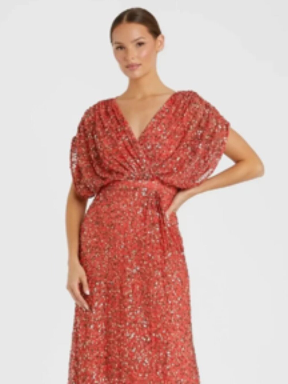 Mac Duggal, Size 18 - Draped Sleeve V Neck Sequin Gown in Paprika (Orange Red)